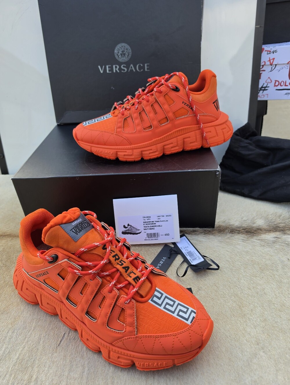 Versace Orange Canvas and Leather Trigreca Lace Up Sneakers Size 44 - Picture 5 of 10